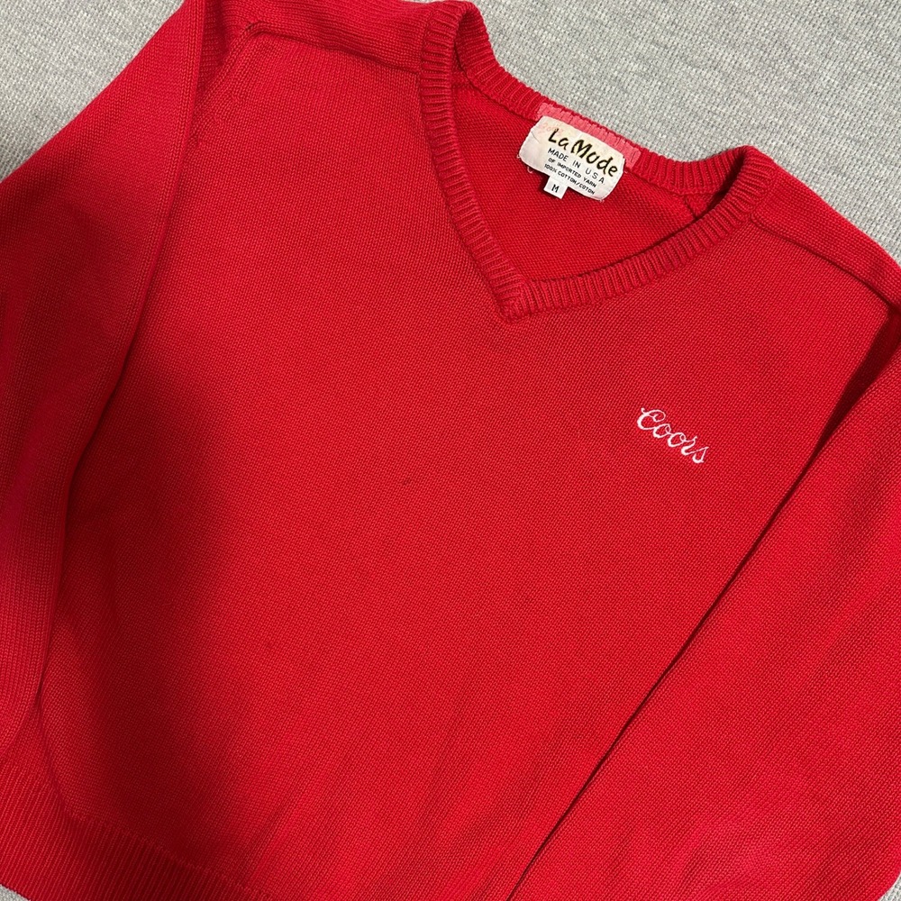 Vintage La Mode Coors Beer V-Neck‎ Sweater Long Sleeve Cotton Red Mens Size M